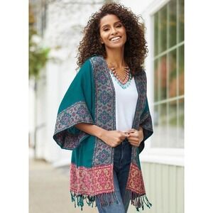 Time for Me Teal Paisley Floral Kimono Cardigan Viscose Womens 2X Boho Festival